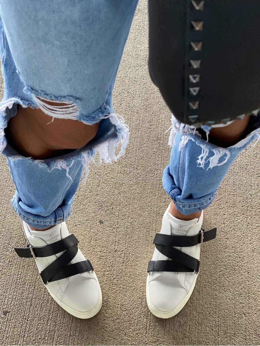 Valentino Garavani White Sneakers with gunmetal rockstuds and Black Straps